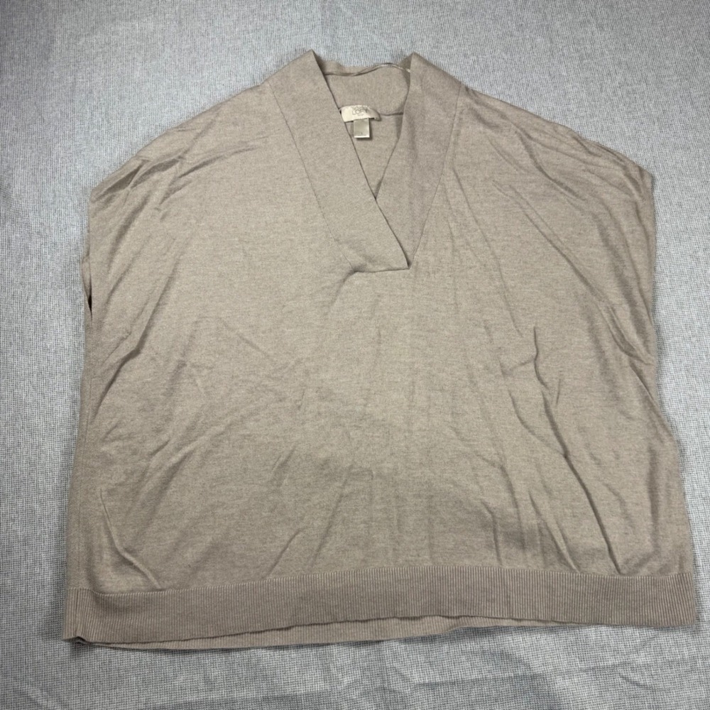 Loft Outlet Womens Tan Beige V-Neck‎ Knit Poncho Sweater Large Cotton Blend